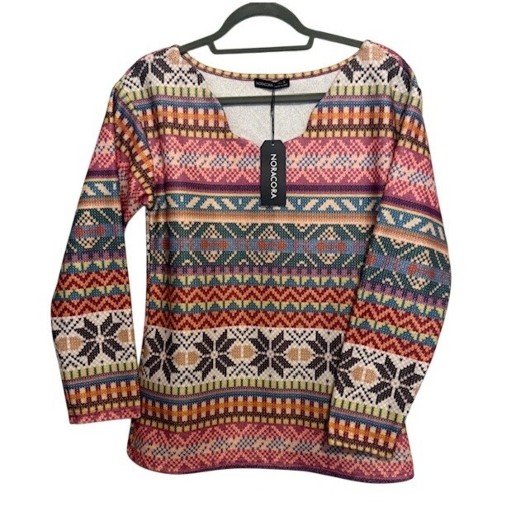Noracora Womens Fair Isle Geometric Print Long Sleeve Top Multicolor Size S NEW‎